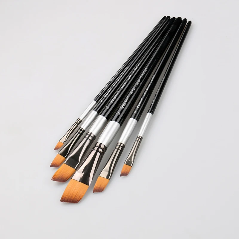 Giorgione 6 Pieces Angular Shape Nylon Hair Copper Ferrule Black Tip Wooden Handle Paintbrush set