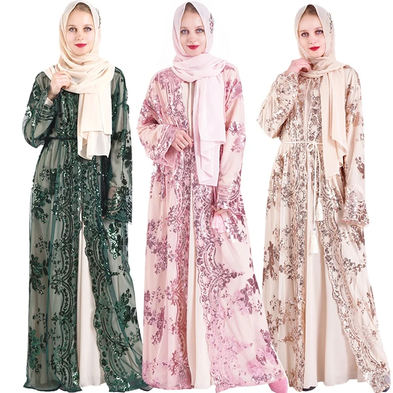 Factory direct sales customized new muslim kimono lace mesh embroidery cardigan wholesale sequins front open abaya kaftan