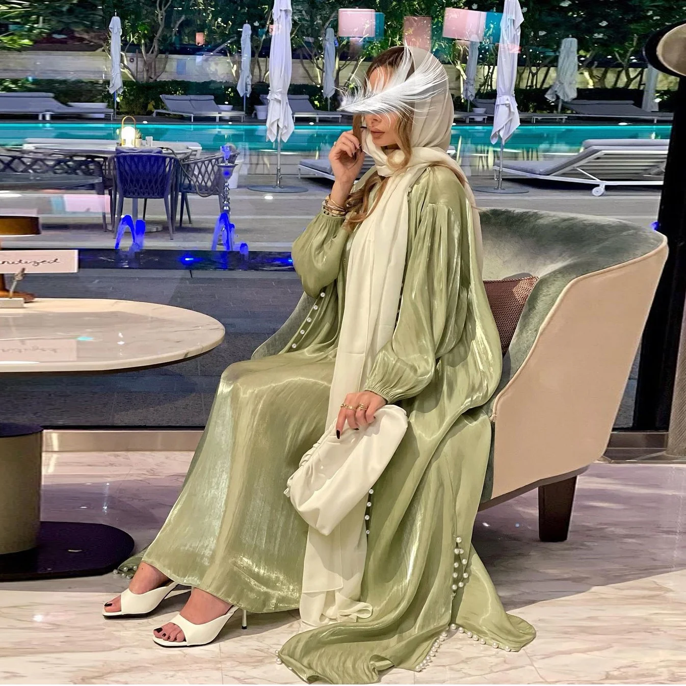 China wholesale satin silk  two piece abaya elegant two piece muslim dress women beaded two piece set abaya