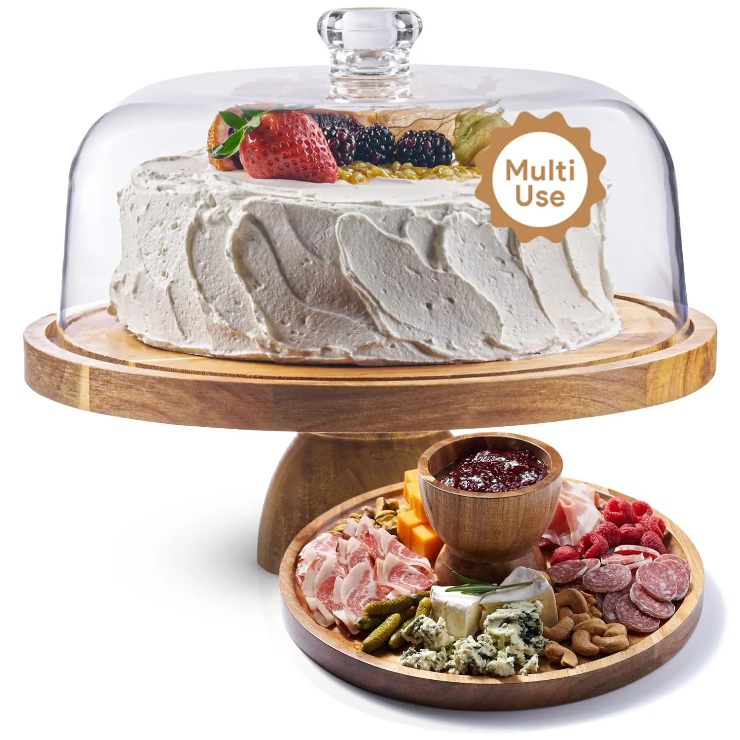 Multifunctional Cake Holder Serving Platter Wood Wedding Cake Display Stand with Glass Dome for Events Charcuterie Serving Board