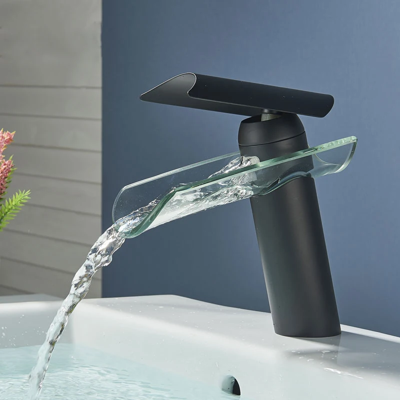 Waterfall Black Bathroom Faucet Hot Cold Mixer Crane Basin Tap Glass Design For Bathroom Sink Deck Mount
