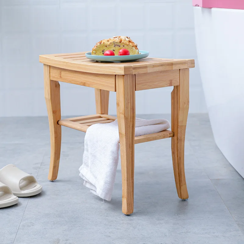 Waterproof Wooden Bamboo Shower Seat Bench With Storage Shelf
