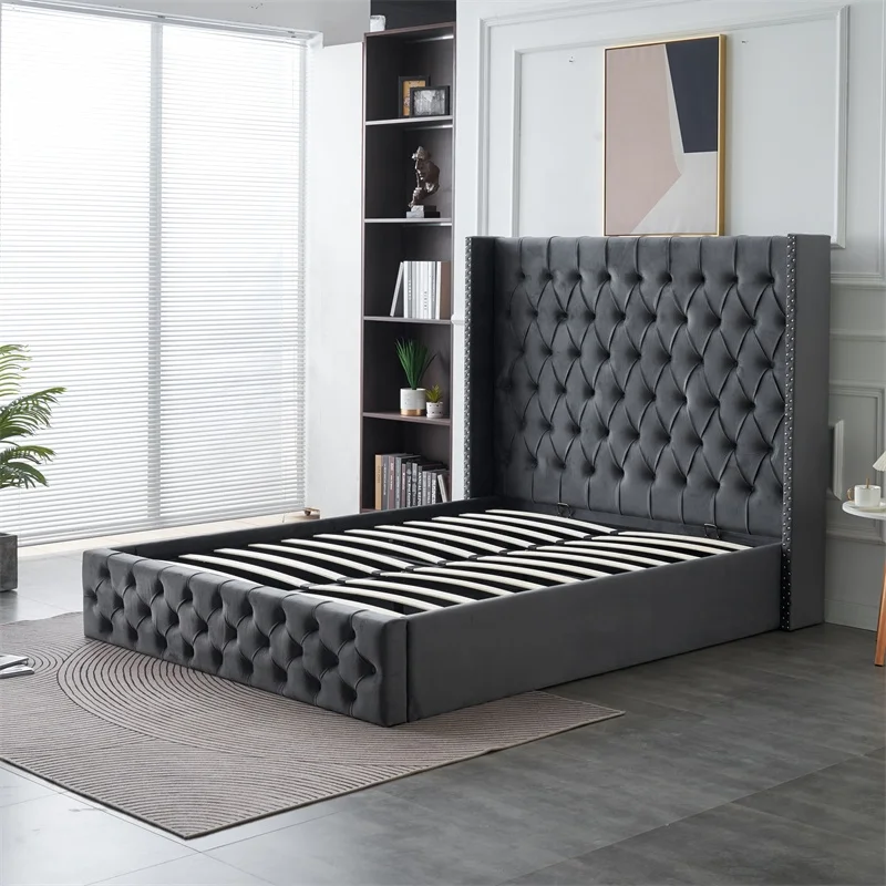Light luxury Design Button BED Side Wing Double/King Size Wooden Gas Lift Storage Bed with Soft Velvet Fabric for Home