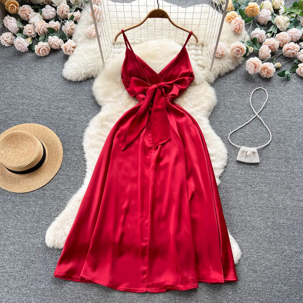 Summer Sleeveless Silk Casual Dress Women High Waist Midi A-Line Dress Ladies Sexy Dresses Clothes Women Wholesale
