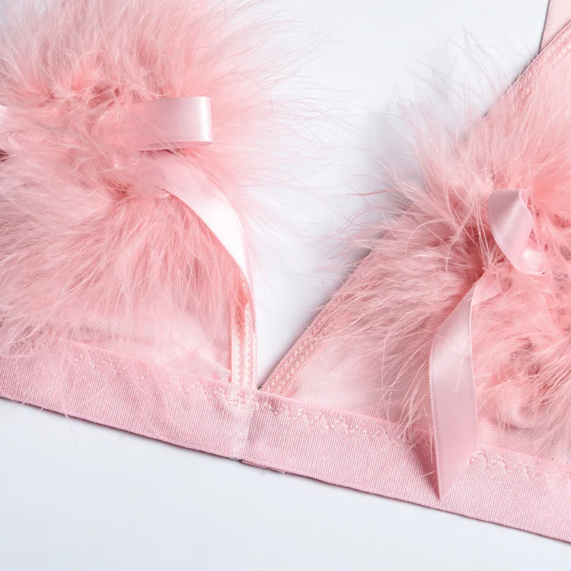 Summer Triangle No Steel Ring Comfortable Mesh Feather Bow Bunny Girl Sexy Underwear Two-Piece Set