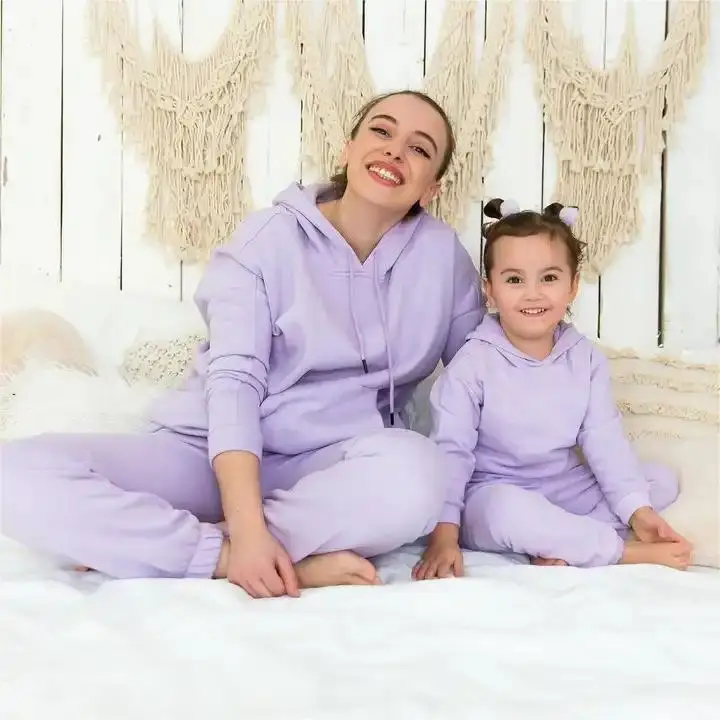 hot sale family clothes set mom and daughter solid color hoodie and long pant 2pcs sets girl casual sports clothes set