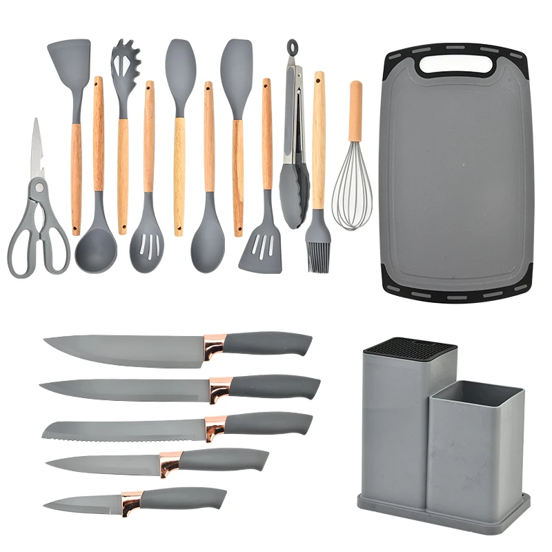 Home and kitchen 19pcs wooden handle silicone kitchen tools set with cutting board and knives kitchen utensils set