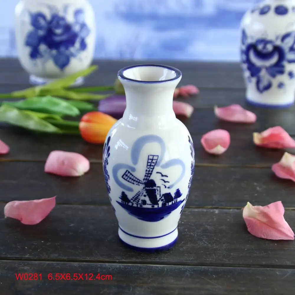 Vintage Delft Holland Handpainted Windmill and Flower Vase Blue & White  20th Dutch Pottery