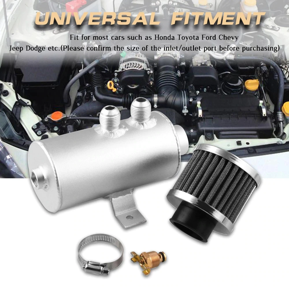 AUSO 750ml Aluminum Auto Parts AN10 Twin Port Tank Can Filter Oil Catch Tank Reservoir Breather with Drain Valve YH012