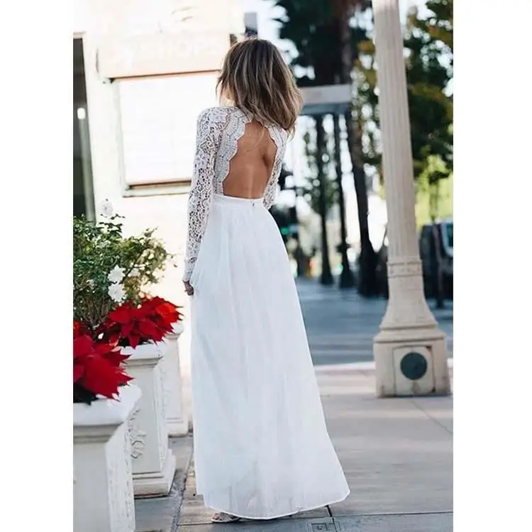 Elegant V Neck Backless Boho Style Bridesmaid Long Lace Sleeve Evening Dress For OEM