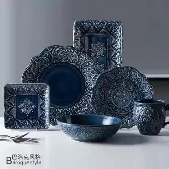 Baroque Dishware Home Bowl Blue Dinner Set Cup Plate Creative Personality Dishware Petal Ceramic Tableware Set