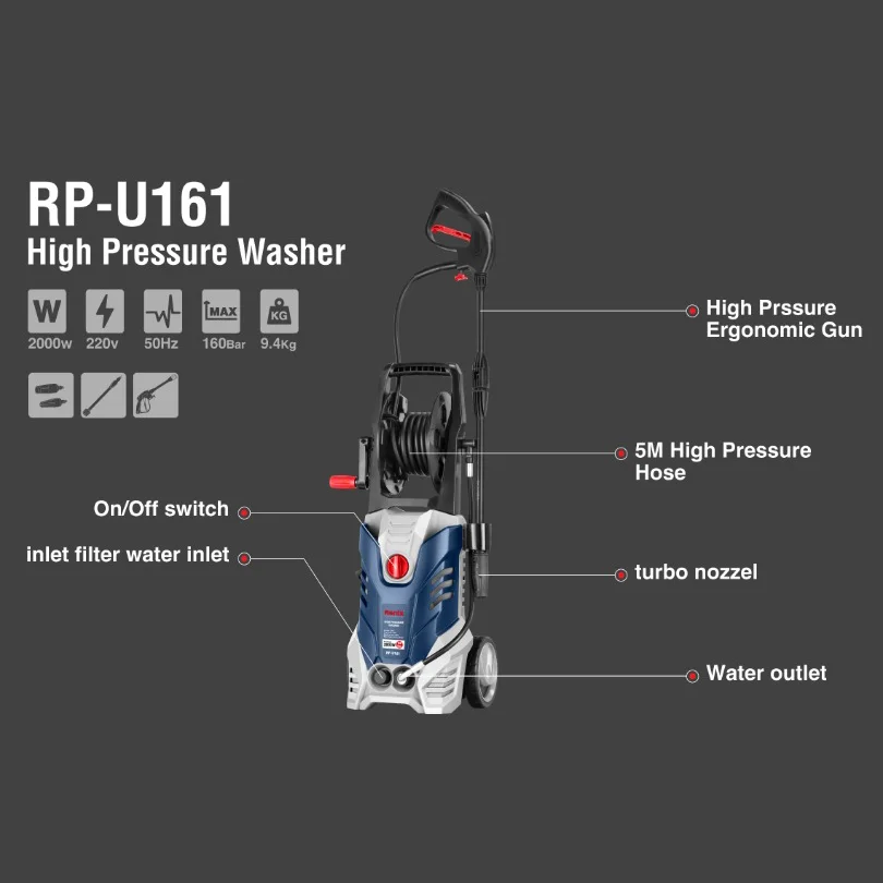 Ronix RP-U161 2000W Portable Automatic Domestic Hose Pipe Water Pressure Car Washer with Foam