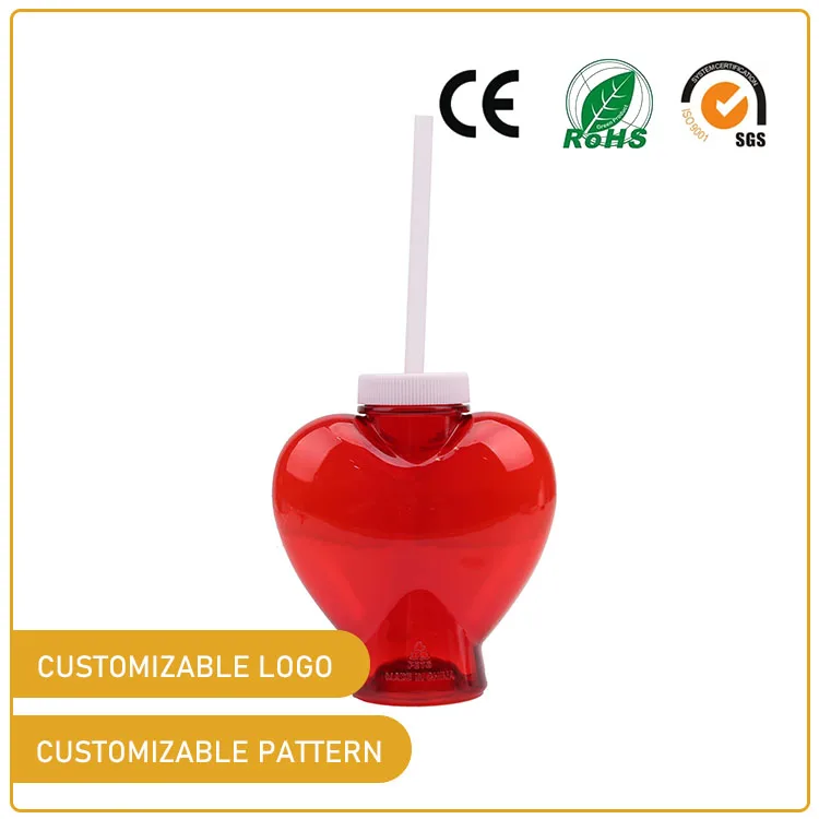 Hot Sales Valentine Drinking Beverage Water Bottle  Custom Light Up Plastic heart Cups with straw