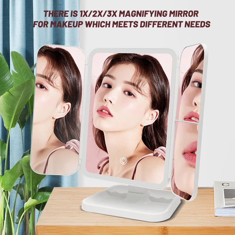 desk lamp three-sided folding touch sensor 180 degree rotating vanity magnifying wall mounted led foldable make up mirror