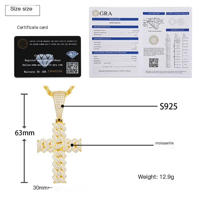 Sophisticated 925 Silver Cross Pendant for Men Moissanite 18K Gold Plated Elegant Religious Jewelry