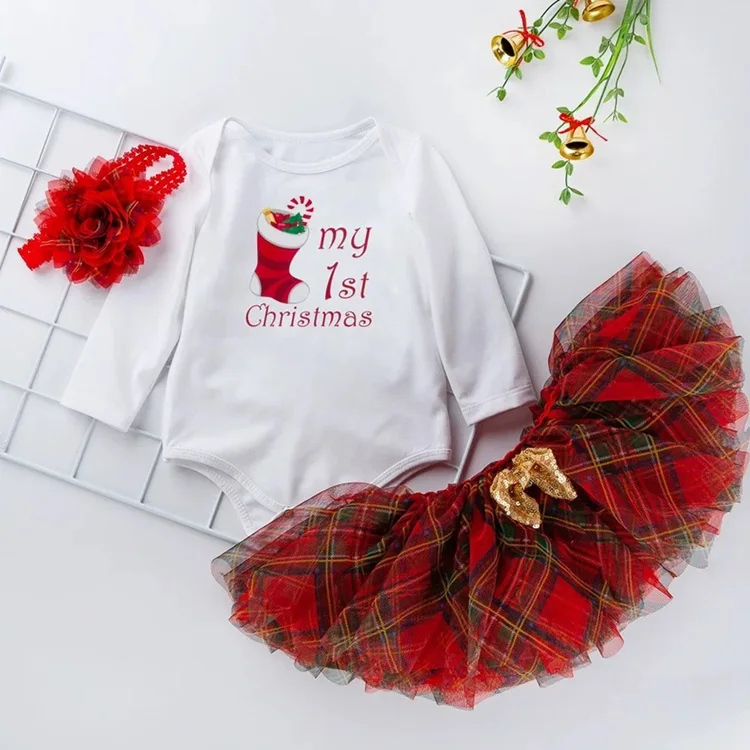 Hot selling newborn 3 pcs romper set with flower headband pretty plaid tulle skirt baby christmas birthday party clothing sets