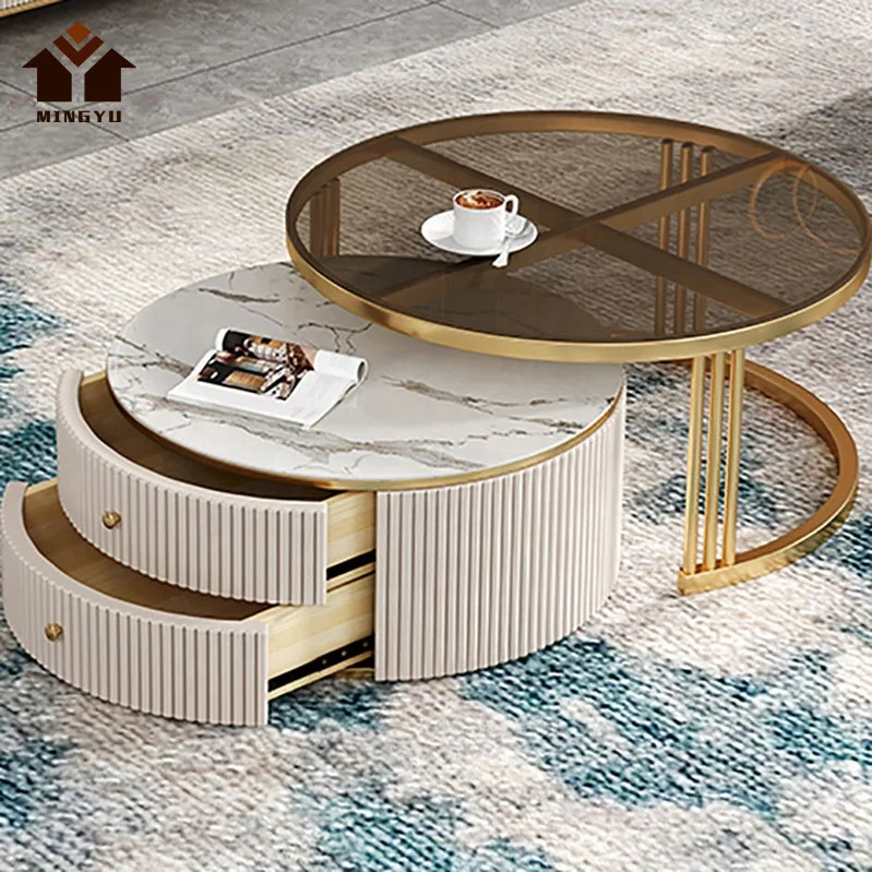 French Style Glass Coffee Table with Gold Frame Modern Innovative Home Goods Metal Frame Leisure Facilities with 2 Drawers