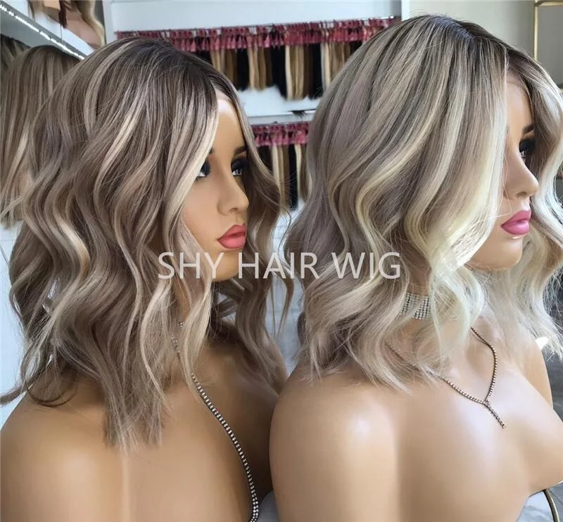 2023 Shy Top quality Highlight mixed Blonde Straight European Human Hair 4*4 Silk Top short wavy Lace Front Wig For White Women