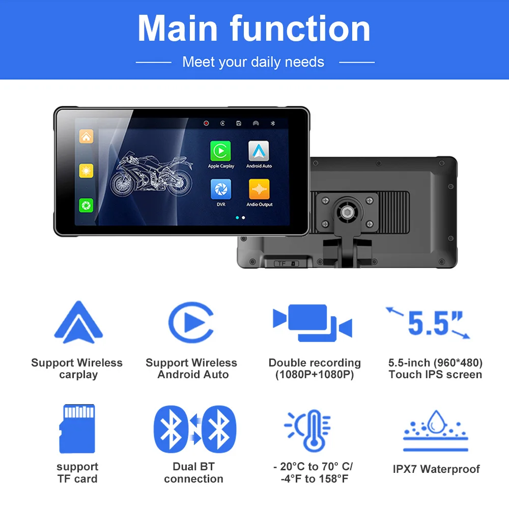 Новый 5 дюймов водонепроницаемый мотоцикл carplay навигация android Авто экран видеорегистратор для мотоцикла
