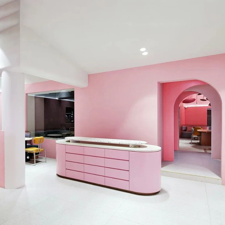 Luxury Customized Pink Logo Sized Beauty Salon Furniture Wood Barber Reception Counter Desk