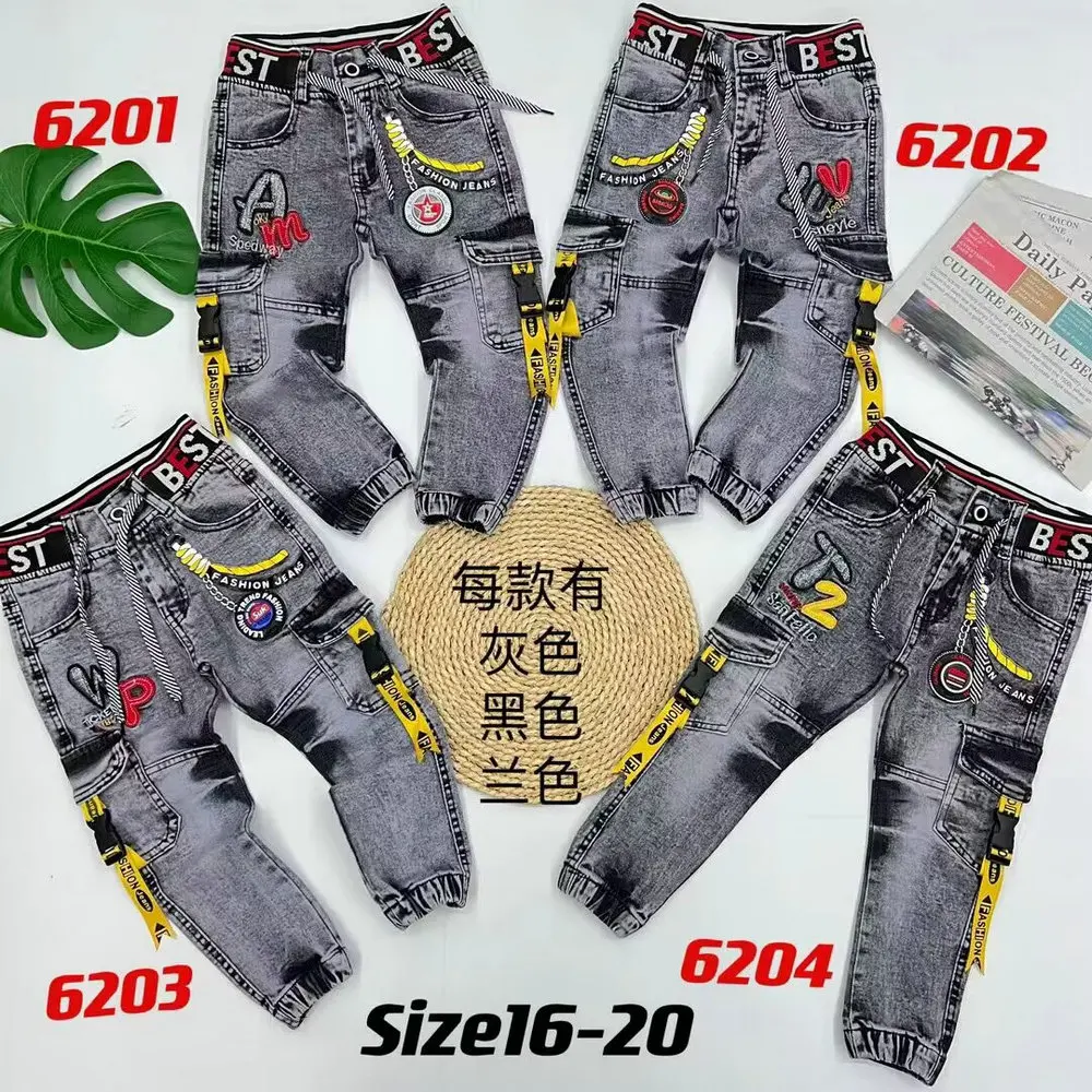 4.4 Dollar Model YQ132 Ready Ship Kids Plus Size Toddler Boys Denim Jeans Pant With Different Drawing Prints
