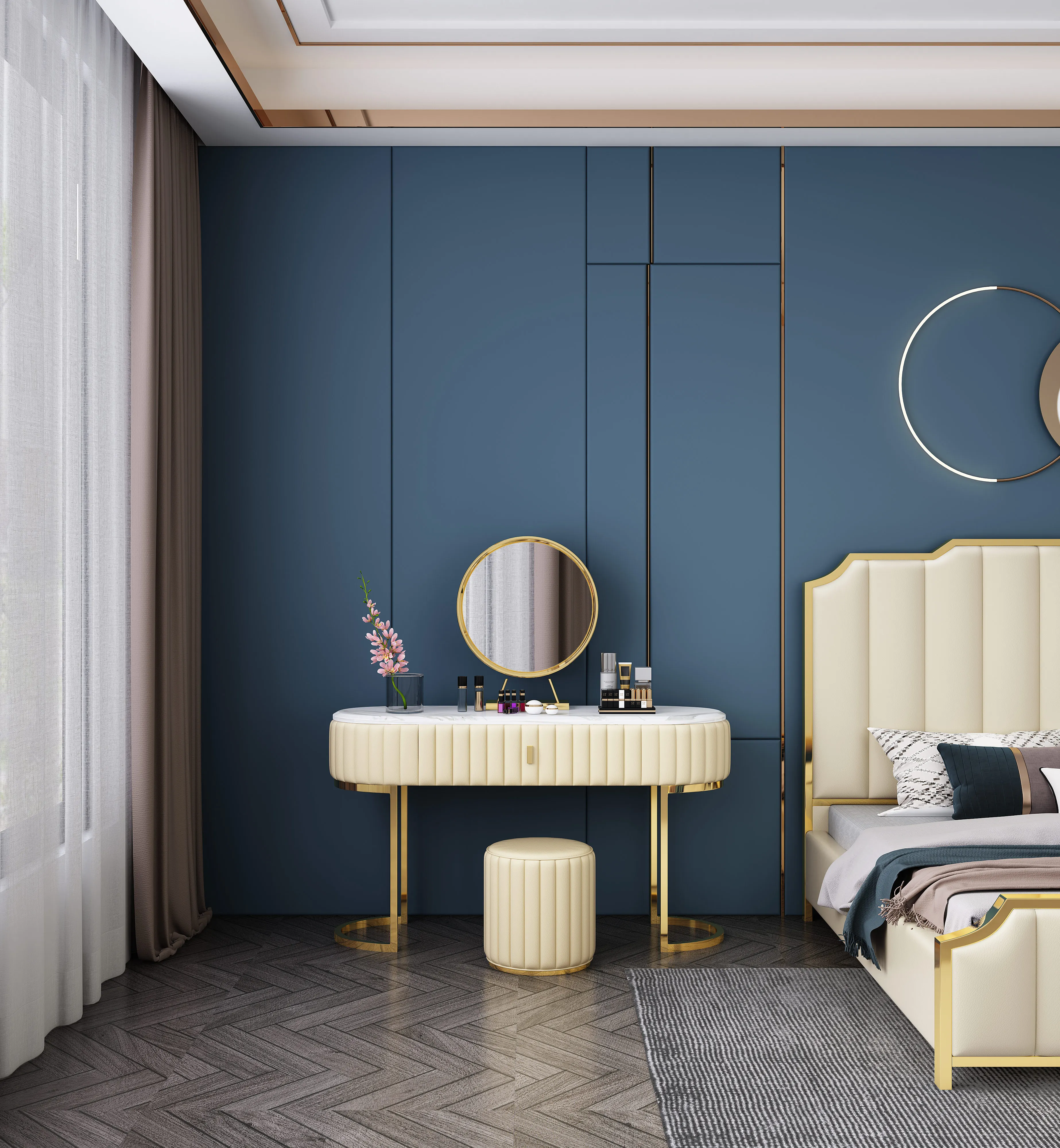 Luxury White Dressing Table With Mirror and Stool, vanity table Set 4 Drawers Bedroom Dresser