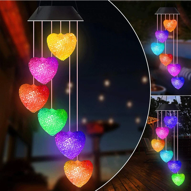 Popular Solar Pink And White  Heart Wind Chimes Hanging Lights Memorial Wind Chime Lamps For Garden Decoration