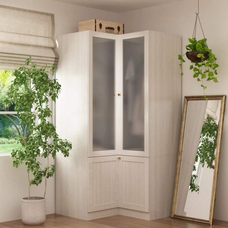 24 Years Bedroom Furniture Corner Wardrobe Cabinet, Modern Wood Grain Armoire Closet with Frosted Glass Doors