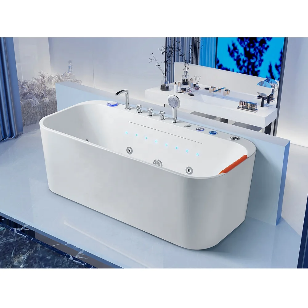 Acrylic Freestanding Rectangle Lazy Spa Hot Waterfall Bubble Bath Tub Control Panel Whirlpools Massage Bathtubs