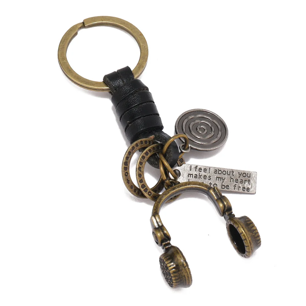 Fashion 3D Music Headset Keychain Bronze Alloy Retro Punk KeyChain Braided Cowhide Rope Leather Keychain Handbag Car Key Chains