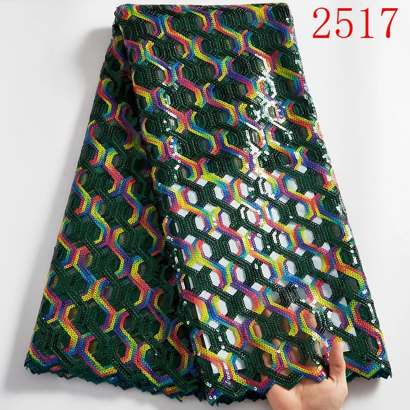 
New 2021High Quality Tulle African Nigerian Sequins Lace Fabric Embroidery Sew Dress 5Yards Organza Materials 2517 