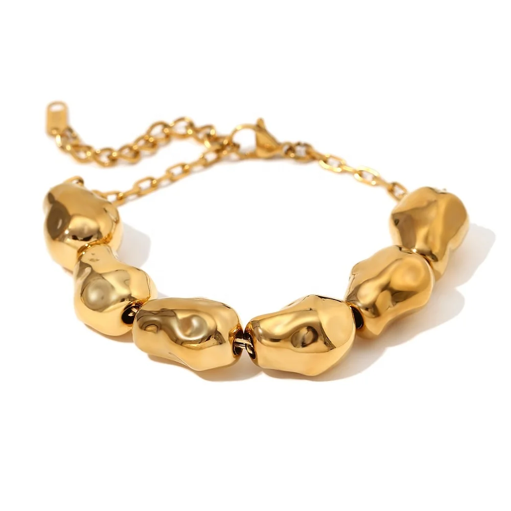 European and American Stainless Steel 18k Gold Irregular Smooth Iron Bead Bracelet, Anti Allergic and Non Fading Earring Jewelry