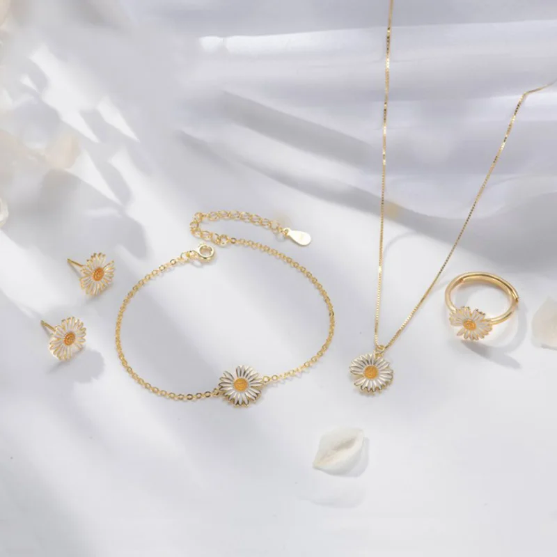 JCA China Wholesale 925 Sterling Silver Rings Daisy Earrings Necklaces Bracelets Jewelry Set