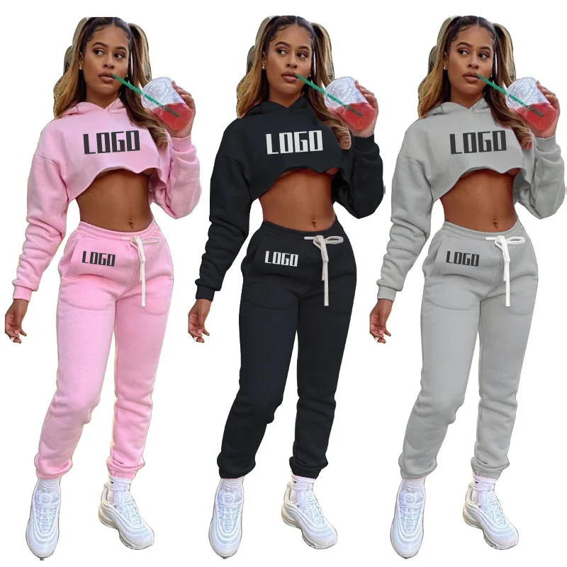 Custom LOGO Women Hoodies Sweat Suit set Tracksuit Sweatshirt Sets Crop top sweatsuit sweatpants  Casual Sport Wear LD201043