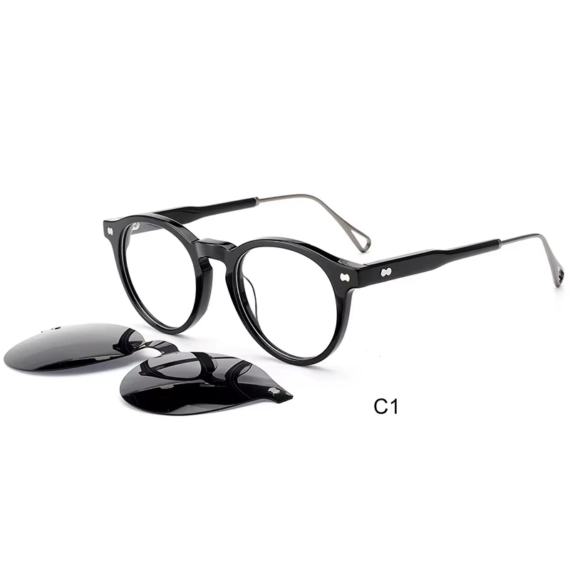 Wholesale 2-in-1 Stylish round Optical Glasses Unisex Polarized Lens Eyewear Magnifying Print Pattern Clip-on Acetate Acetate