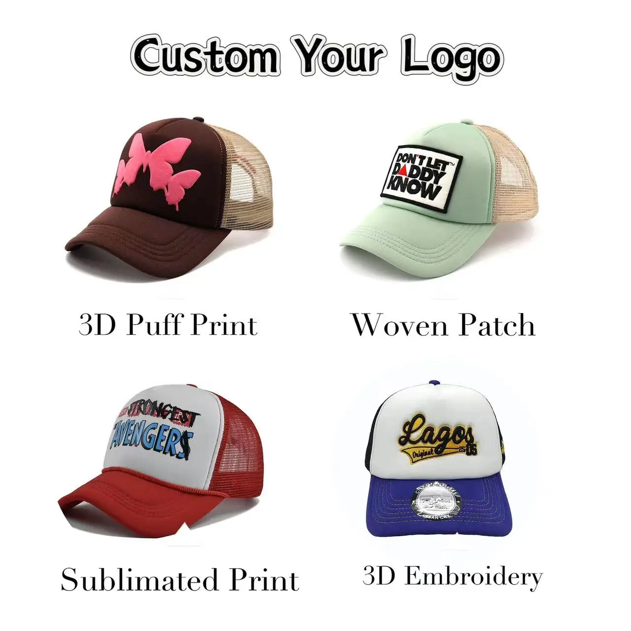 Custom Logo 5 Panel Baseball Snap Back Cap Blank Mesh Cap Trucker Hats Wholesale
