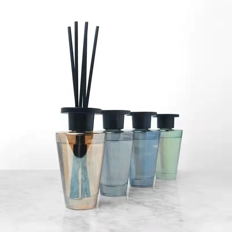 Wholesale High Quality 100ml 150ml 200Ml Iridescent Inverted Cone Glass Reed Diffuser Glass Bottle With Rattan Sticks