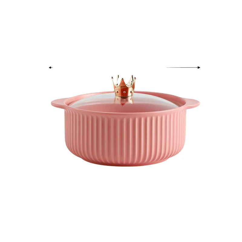 Creative glaze ceramic bowlinsSolid color striped soup bowl simple Crown double-ear bowl household instant noodle bowl with lid