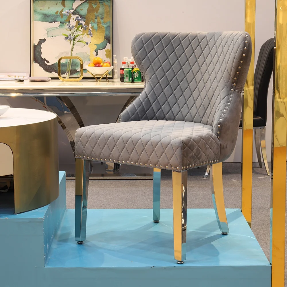 luxury lion knocker dinning chair sets modern silver stainless steel velvet fabric dining room chairs