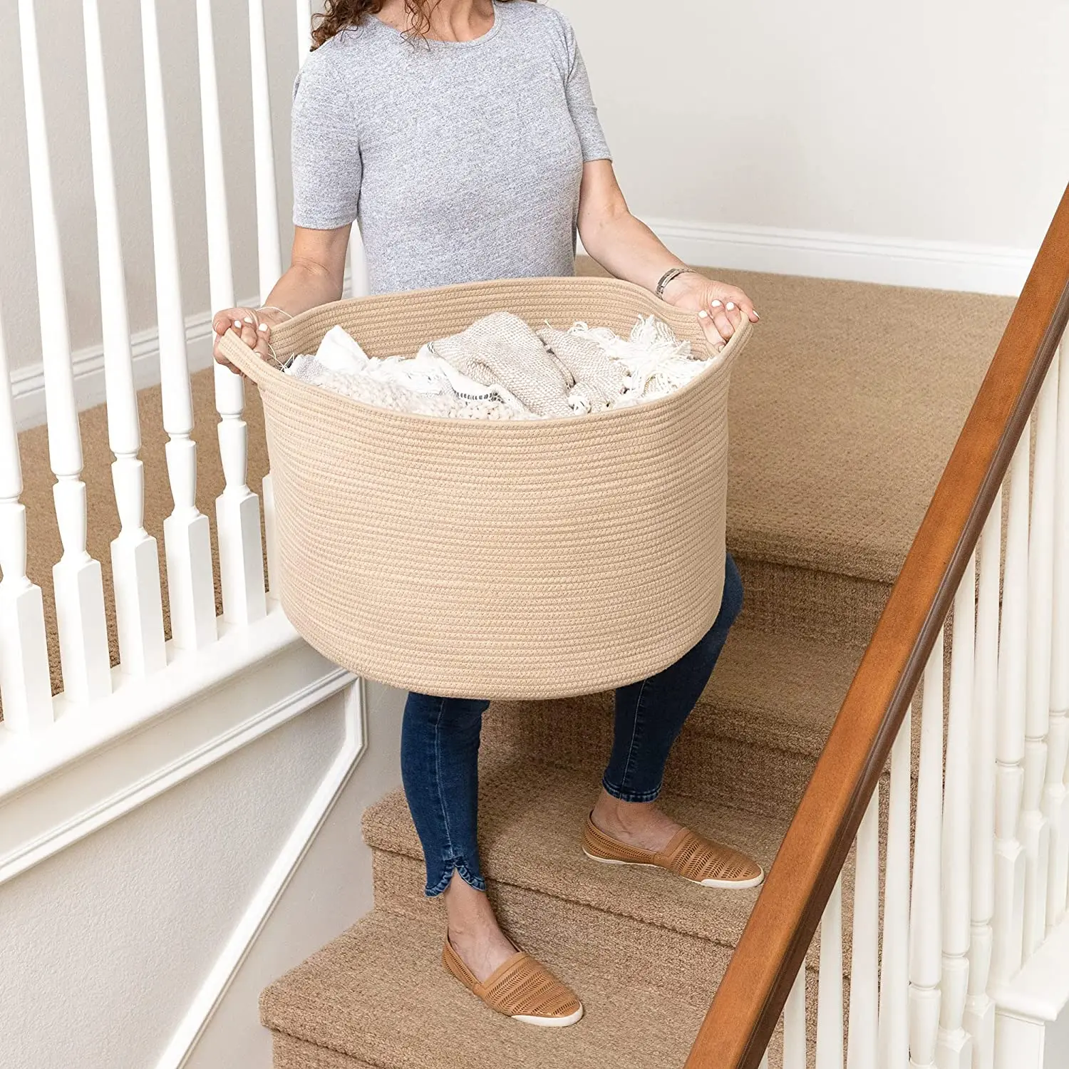 QJMAX XXL Cotton Rope Basket Natural Cotton Extra Large Woven Storage Basket Baby Hamper