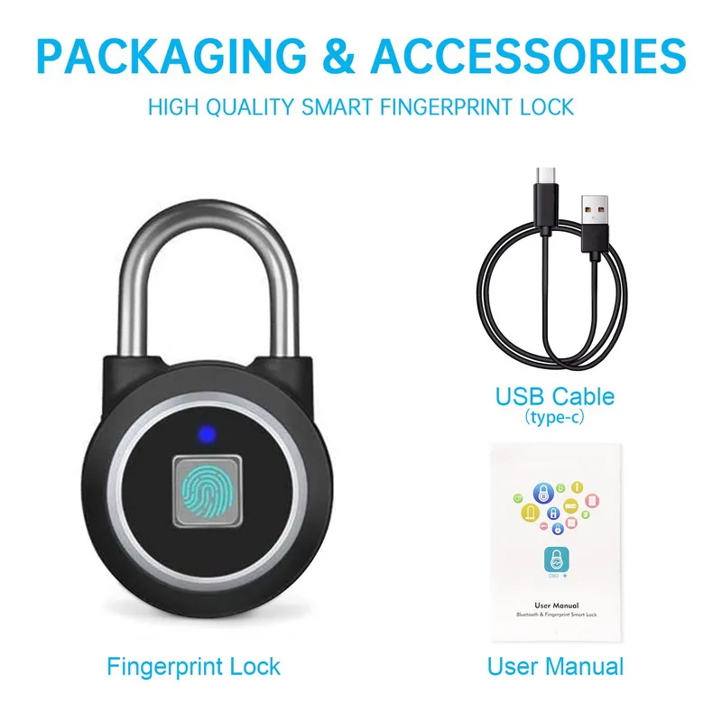 Gym Sports Bike School Fence and Storage Biometric Water Resistant Fingerprint Padlock Blue Tooth Lock Mobile APP Smart Padlock