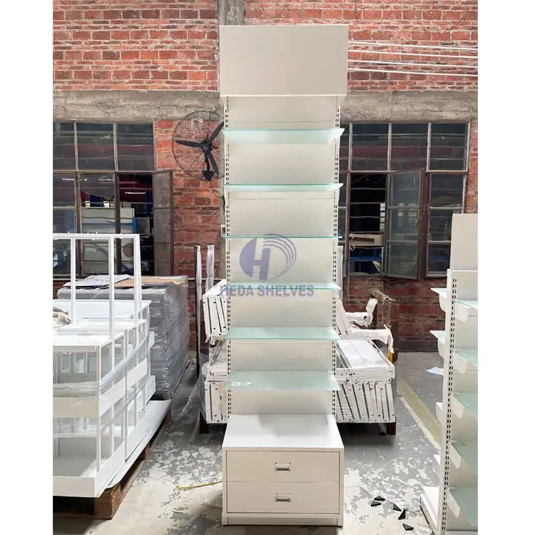 Glass Layer Board White Color Shelves Gondola Shelving Rack Laminate Showroom Display Rack Slatwall Shelves For Retail Store