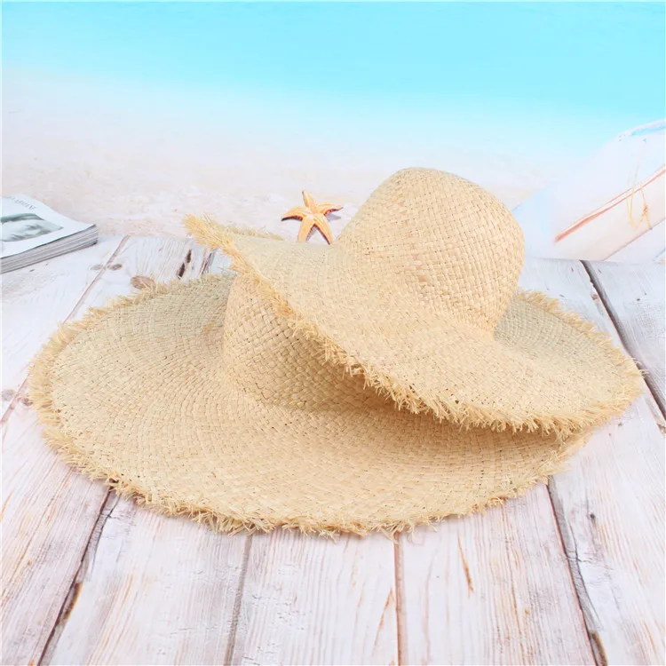 Stock Women Raffia Straw Hat Large Wide Rough Brim Floppy Straw Hat Beach Summer Sun Visor Hat