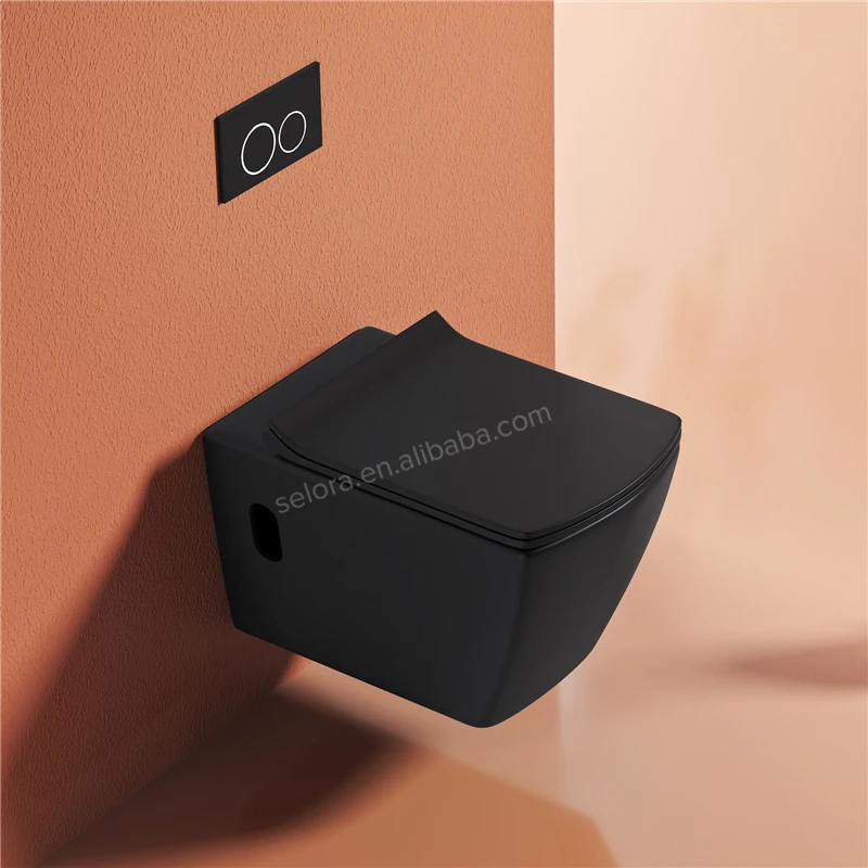 European Rimless Square Wall Hung Toilet Ceramic Wall Mounted Hanging P-trap Toilet In Matt Black Color For Home Hotel Bathroom