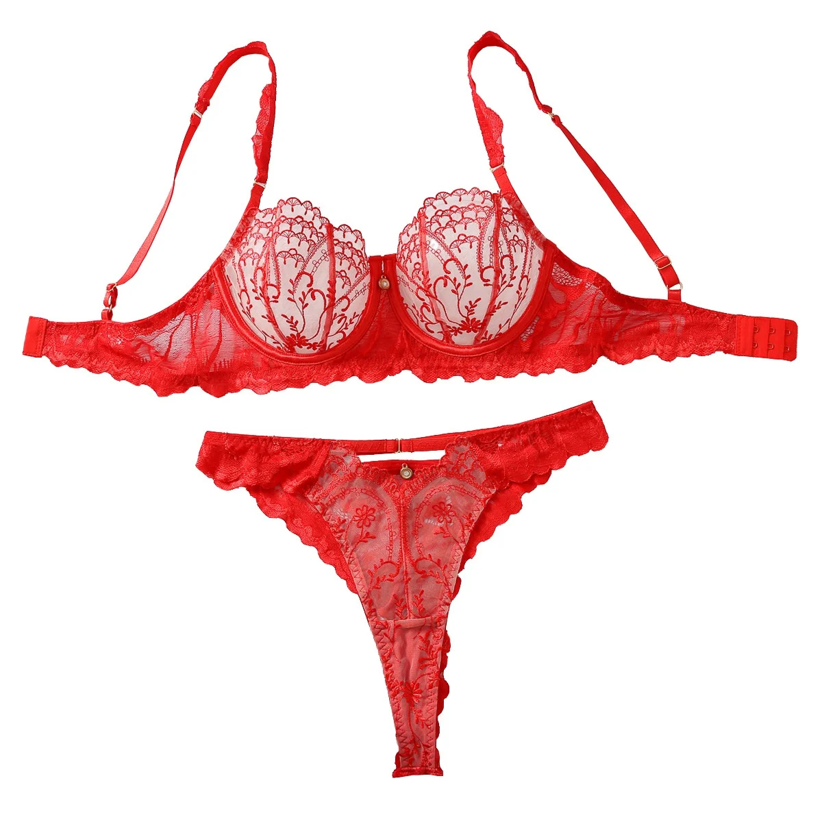 2024 European American Crocheted Mesh Sexy Lingerie Bra Suit ODM Two-Piece Set XL Large Sizes Embroidery Lace Bow Ornament