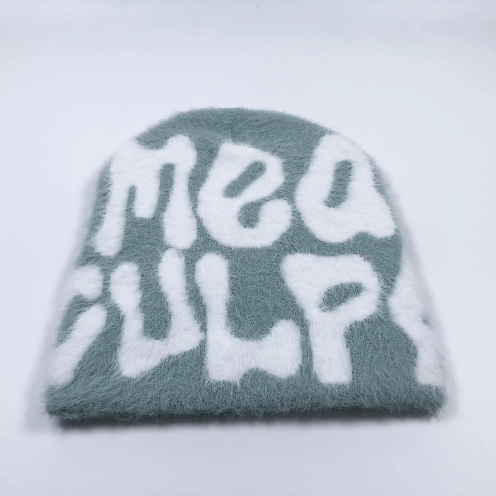 2024 Women fashion fuzzy meaculpa beanie Cute letter Y2K USA style knitting winter caps Custom logo cashmere soft mohair hat