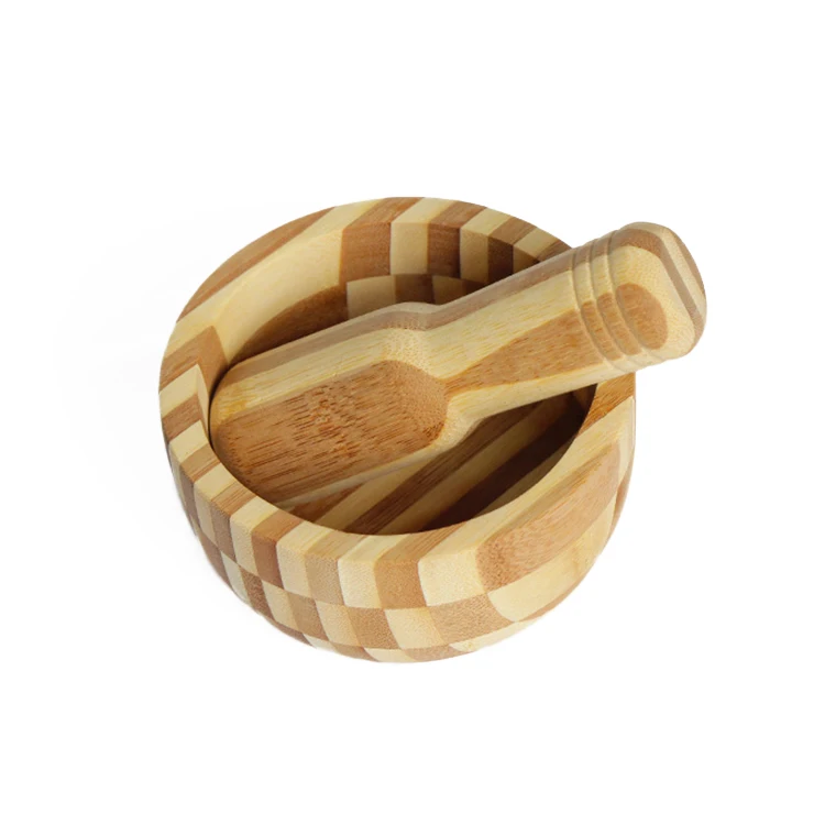 Multifunction Manual Ginger Spices Pestle Press Grinder Bowl Bamboo Wooden Garlic Masher