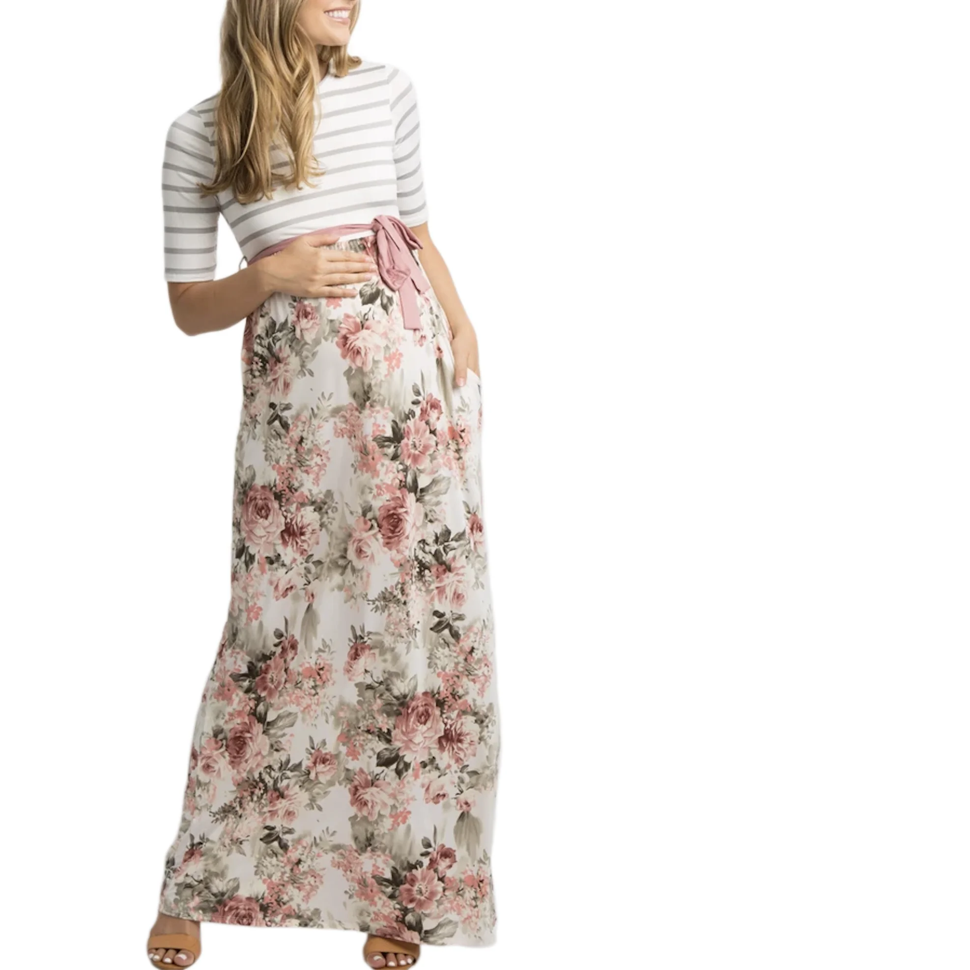 
Striped Colorblock Floral Maternity Maxi Dress Maternity Wear Pregnant Women Clothes 