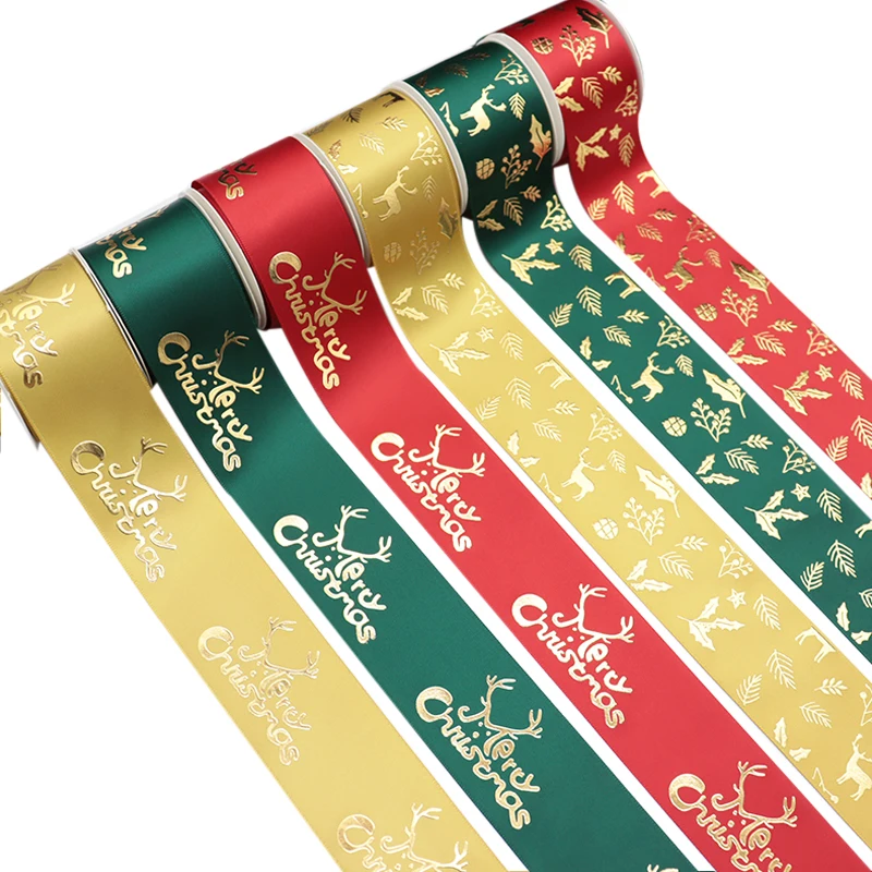 Gold foil satin Merry Christmas ribbon for gift wrapping (1600546167023)