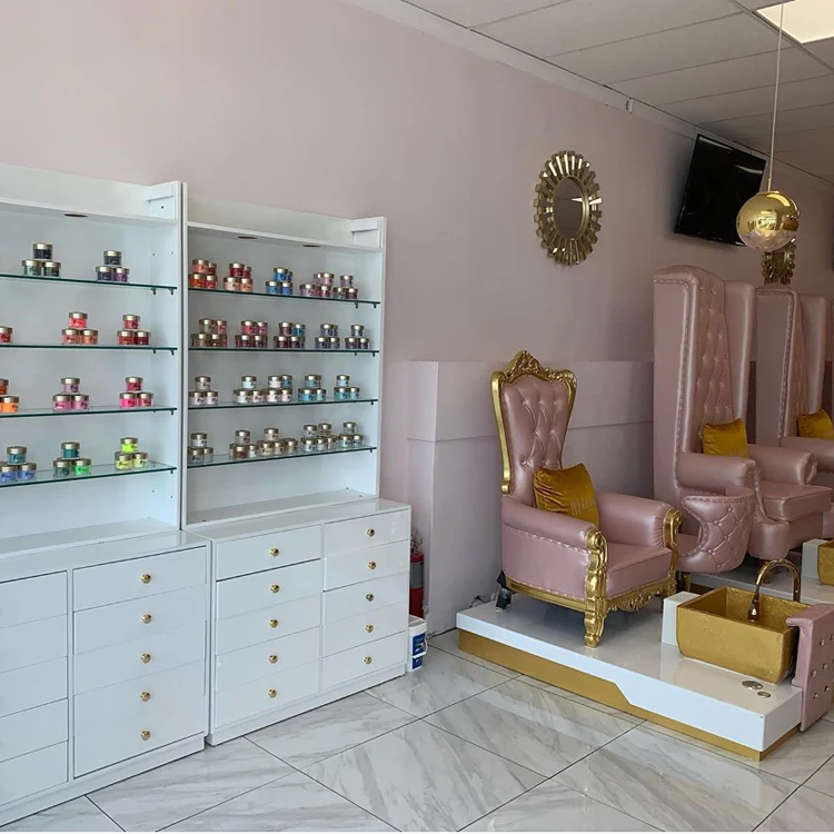 Gold double sink cabinet polish rack with glass shelf for beauty salon CB-NK013